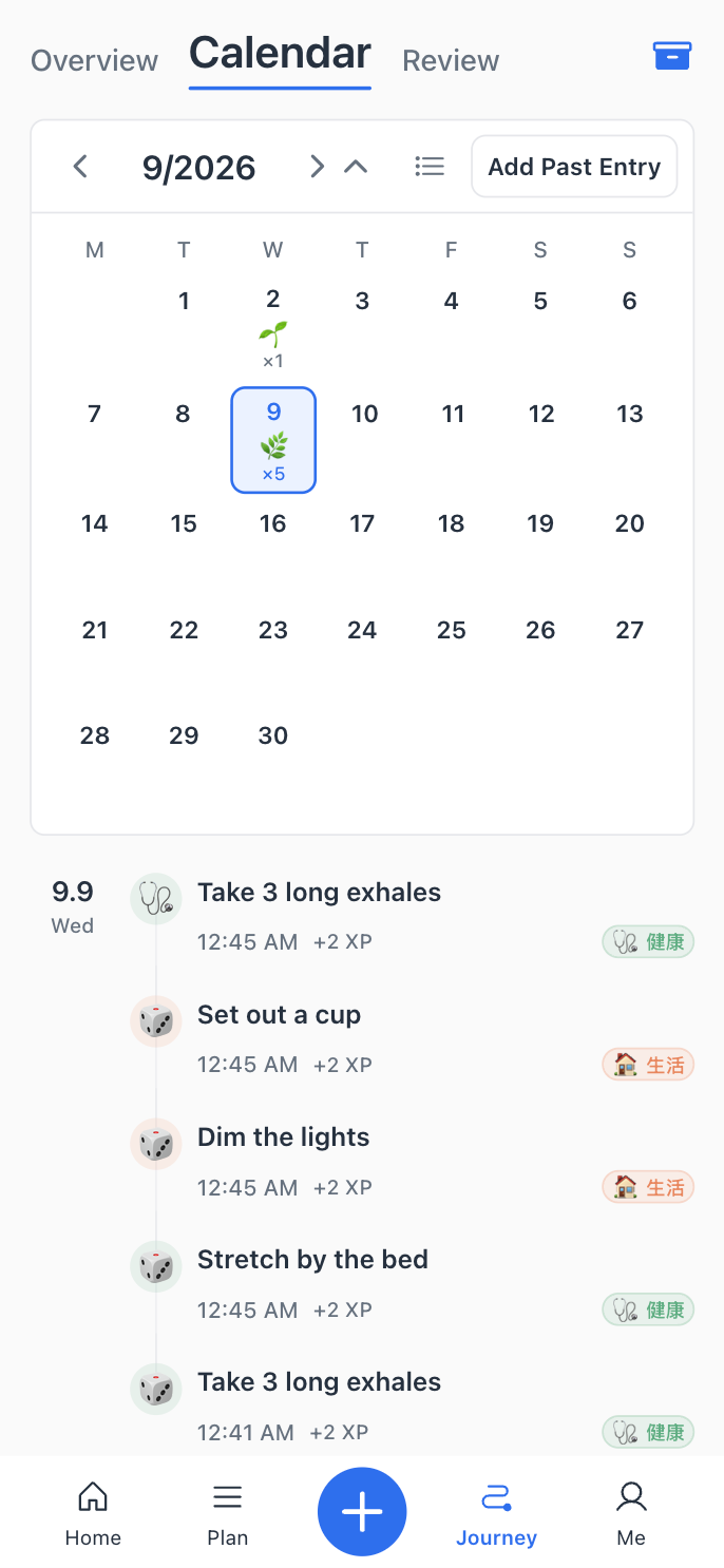 WayThread Journey view showing a calendar and a trail of recently completed actions.