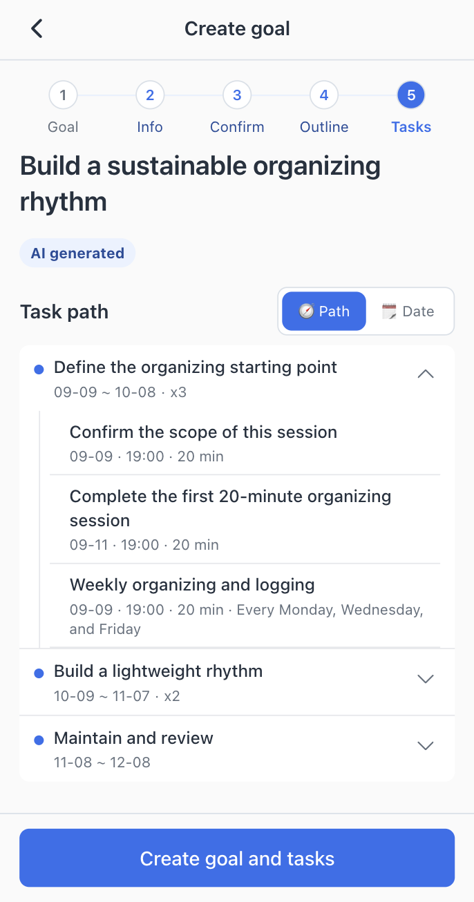 WayThread plan review showing an organizing goal, its stages, and the first concrete tasks.