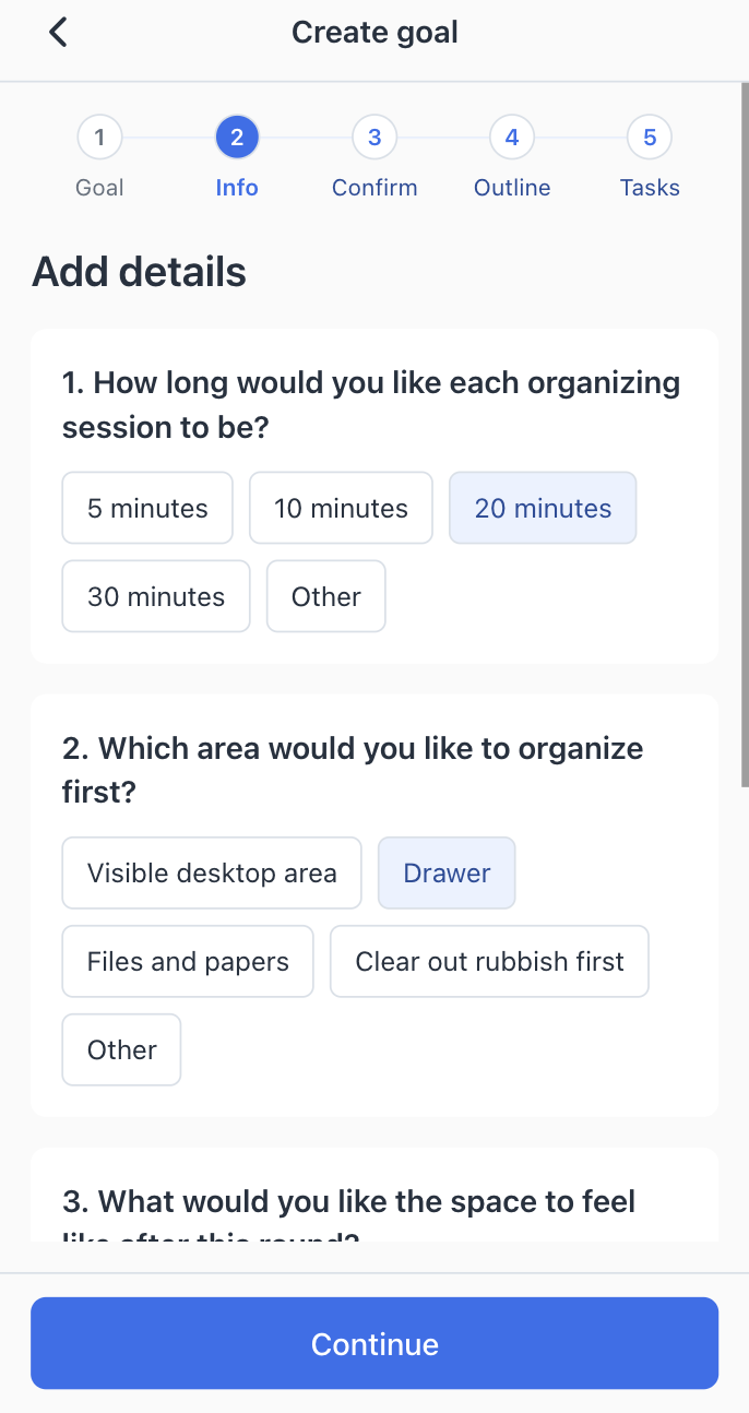 WayThread clarification screen asking about organizing time, starting area, and the desired result.