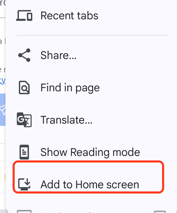 Chrome menu on Android showing the Add to home screen option.