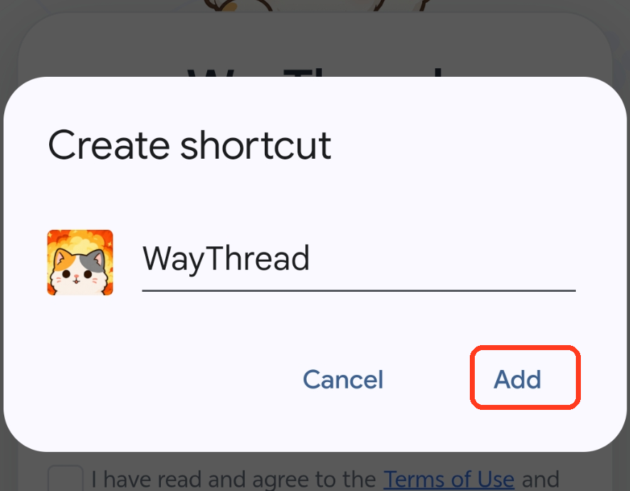 Android Create shortcut confirmation for WayThread with the Add control highlighted.