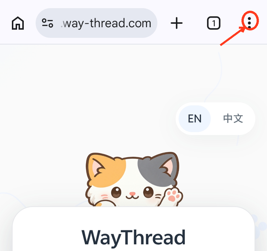 WayThread open in Chrome on Android with the browser menu control highlighted.