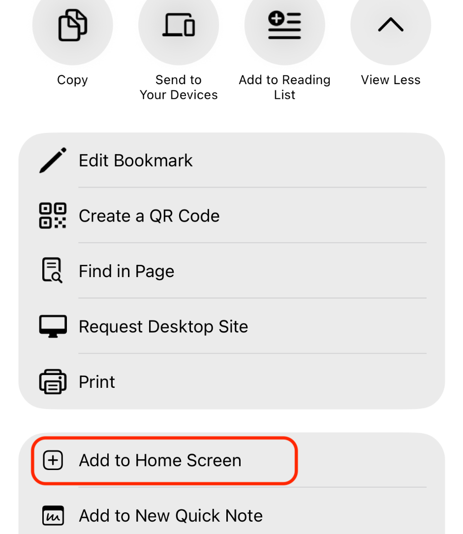 iPhone share sheet showing the Add to Home Screen action.