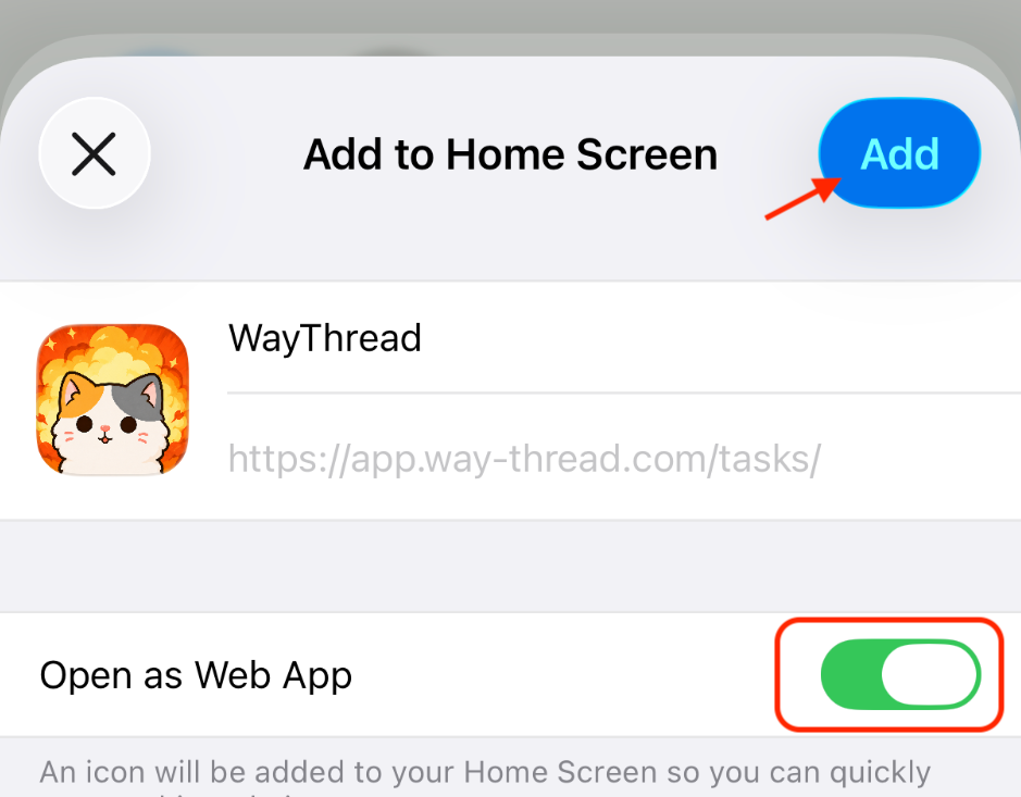 iPhone Add to Home Screen confirmation for WayThread with Open as Web App enabled.