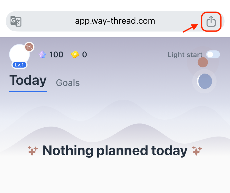 WayThread open on an iPhone with the browser Share control visible.
